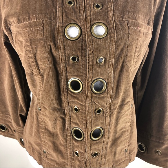 LAL LIVE A LITTLE WOMEN BROWN CORDUROY WIDE SLEEVE GROMMETS HOOK & EYE JACKET - Picture 3 of 7